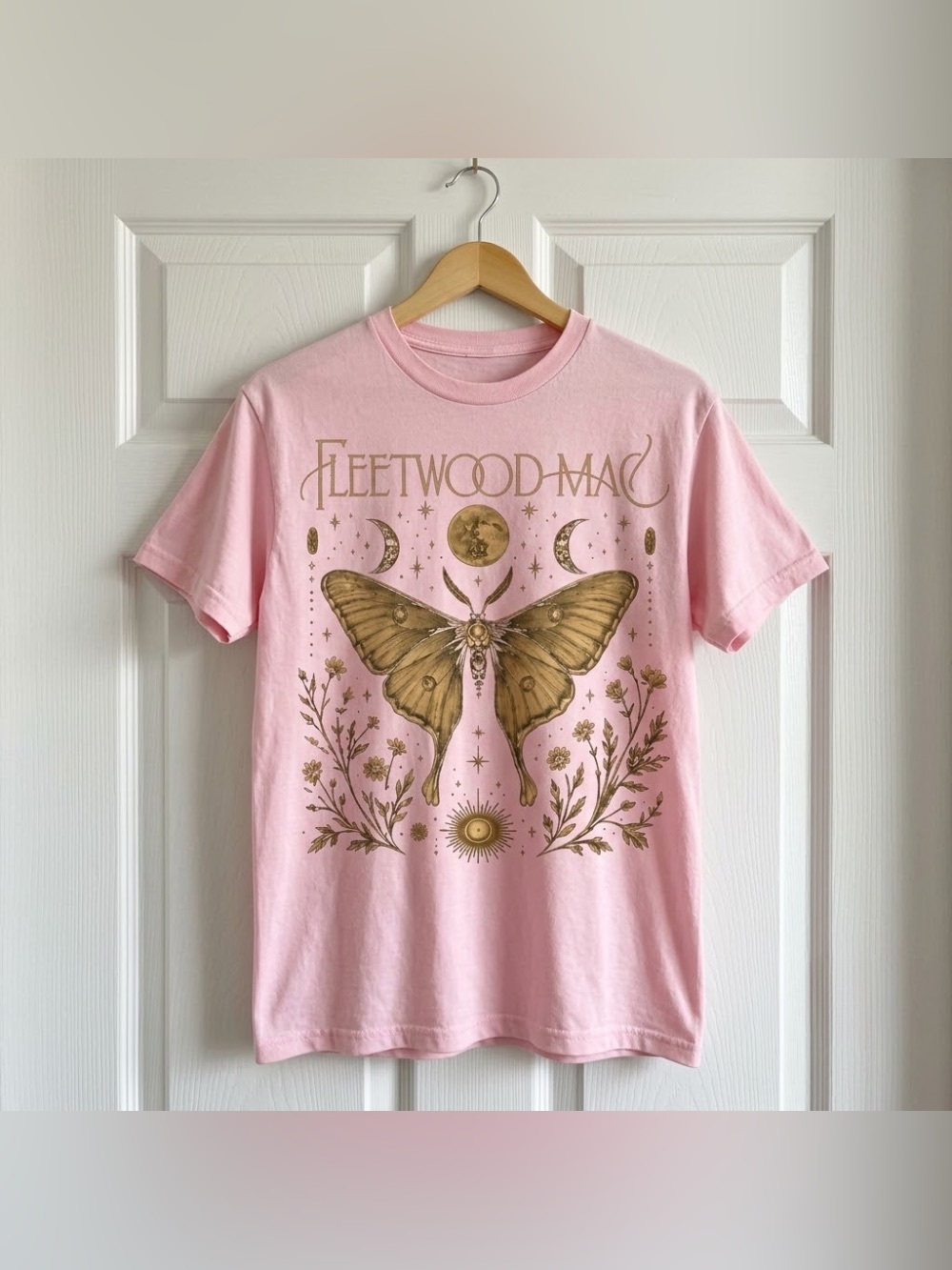 Fleetwood Mac Luna Moth Moon Floral Light Pink Tee Celestial Boho Graphic T-Shir